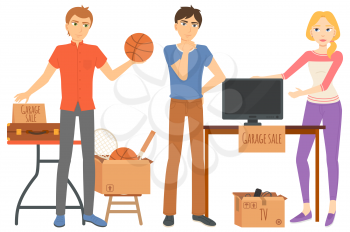 Young people managing garage sale. Unnecessary things. TV household and sport items lying on table. Flea market concept flat design vector. Garage sale event for sale used goods. Flat cartoon