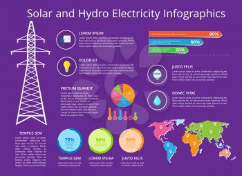 Solar and hydro electricity infographics, stations and powerhouses, icons of plug and socket, with headlines and text sample, vector illustration