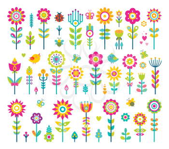 Flowers collection, poster with natural object, blossom and flourishing items, bird and bees, icons of heart, vector illustration isolated on white