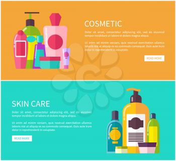Skin care cosmetic set, color vector illustration of different creams, shampoo and another products in glitter bottles, push-buttons and text sample