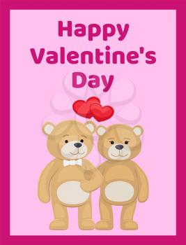 Happy Valentines day poster cute bear animals family, male and female hold paws, heart shaped balloons behind, vector illustration isolated on pink