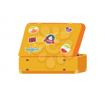 Open retro suitcase with memory stickers sailboat, flying plane, flag of Italy and Iceland, sightseeings worth of seeing, travelling concept vector