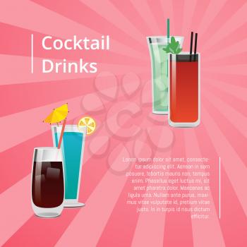 Cocktail drinks summer party alcohol poster bloody mary, whiskey or vodka cola, blue lagoon and mojito beverage in transparent glasses vector banner