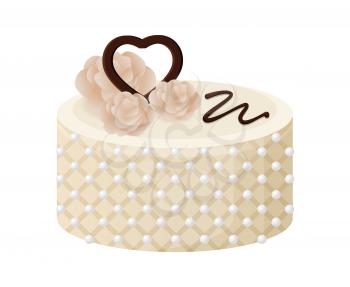 Beautiful white pie banner vector illustration of cylindrical tart with cute roses and chocolate heart on top, many bright pins, sweety glaze ribbon