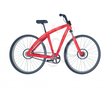 Bike of red color, poster with vehicle with two wheels, saddle and crossbar, transportation and mean of travelling, isolated on vector illustration