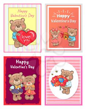 Happy Valentines day posters set teddy with bouquet of flowers, makes present to girlfriend hive decorated, balloon or pillow, lovers together vector