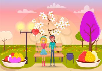 Bearded man and smiling female holding hands and red balloon in shape of heart in green park with blossom tree vector illustration.