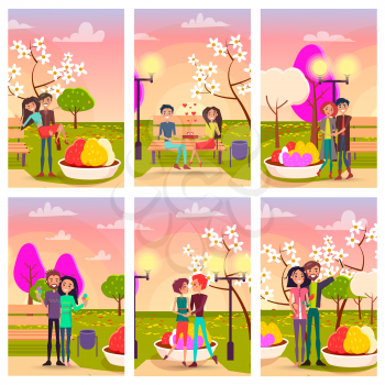 Six cards of loving couples at flowering spring park vector illustration. Young people with ice cream, red gift with hearts, ruddy rose.