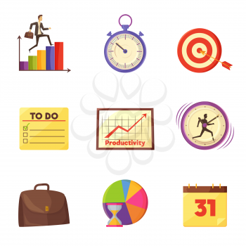 Colorful graphics, old timer, target with arrow, to do list, mechanical clocks, leather briefcase and paper calendar isolated vector illustrations.