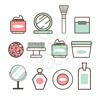 Beauty tools and means minimalistic isolated cartoon flat vector illustrations set on white background. Soft creams, thick brushes and glossy mirrors.