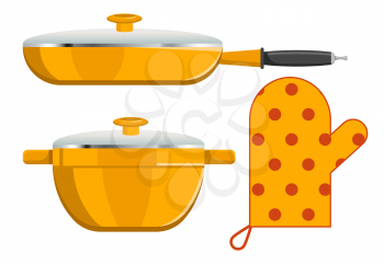 Three kitchen instruments vector illustration of orange devices, frying pan with flat cap and handle on it, deep bowl and glove isolated on white