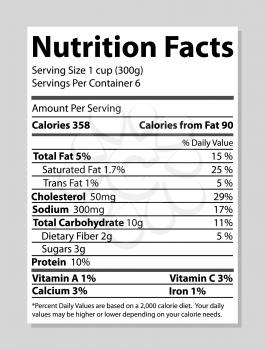 Nutrition facts banner, bright vector illustration isolated on white background, black text sample, calories and fat information, various percent data