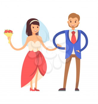 Woman with veil, and man wearing suit, tradition of first dance of newlywed, loving couple, bride and groom, isolated on vector illustration