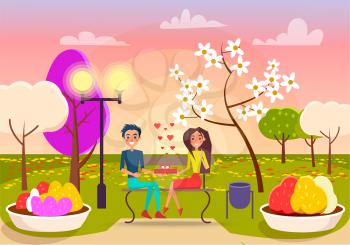 Smiling boy gives gift in red box to pretty girl on spring park background vector illustration. Couple in love sits on dark bench