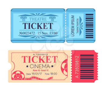 Theatre and cinema tickets set with emblem, mentioned date and seat, with control code vector illustration coupon papers isolated on white background