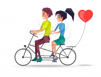 Couple in love riding on two-seat bicycle, red heart shape balloon behind. Boy and girl vector illustration isolated on white