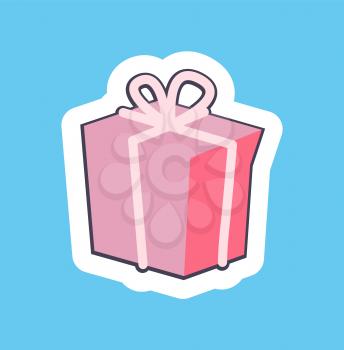 Nice pink gift box banner vector illustration of bright present with light rosy ribbon and cute bow on it, white framing, isolated on blue background