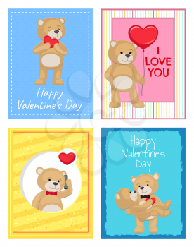 Happy Valentines Day postcards with soft bears with balloon in heart shape, couple which hugs and one which talks by phone vector illustrations set.