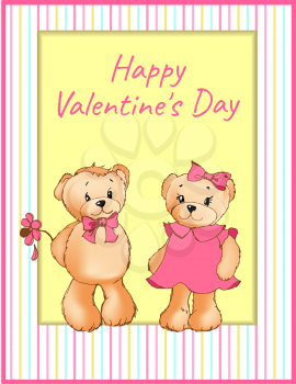 Happy Valentines day poster with two bears male teddy going to present beautiful flower to female soft toy, vector greeting card design in square frame