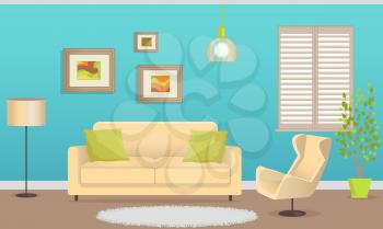 Stylish interior design with comfortable couch and armchair, pictures in frames on wall, minimalist floor lamp and soft carpet vector illustration.