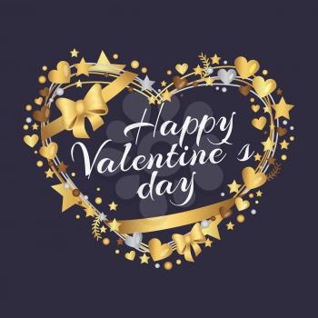 Happy Valentines day poster with inscription in hearts shape frame, small heart with golden bow and ribbon vector illustration isolated on black