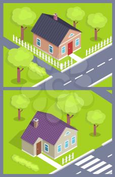 Set of modern houses with doors and windows situated near road with crosswalk, surrounded by green trees vector illustration in isometric design
