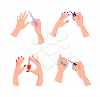 Hands with bright neat manicure that hold bottle of nail polish and sharp file isolated cartoon flat vector illustrations set on white background.