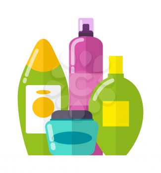 Set of colorful care products vector illustration of blue vial with cream, two green shampoo bottles with yellow cover in flat style white background