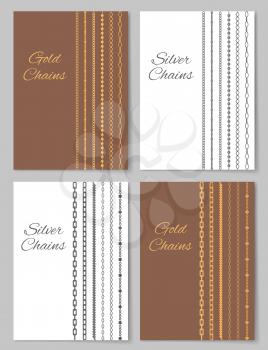 Four icons with pretty gold and silver chains, vector illustration isolated on brown and white backgrounds, set of various shape beautiful jewelry