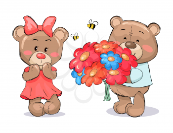 Male teddy bear in blue t-shirt holding hive full of honey and smile, bees flying with red heart above him, present for girlfriend vector on white