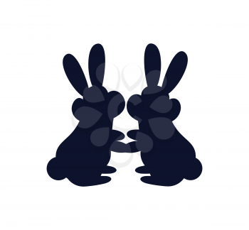 Bunnies sitting together and holding each other paws, silhouette of rabbits cuddling, colorless vector illustration isolated on white background