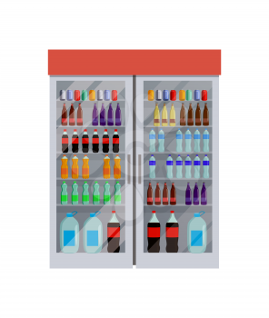 Fridge full of bottles of water, different king of beverage, Coca-Cola and Fanta, liquid in containers, vector illustration isolated on white