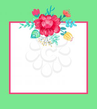 Banner with composition that is made up of flowers and frame with filling form inside, floral pattern and borders isolated on vector illustration