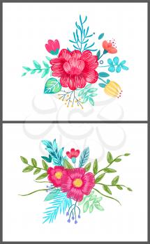 Set of cute floral patterns, flowers of different kinds making up bouquet, hand drawn buds in pencil technique vector illustration isolated white