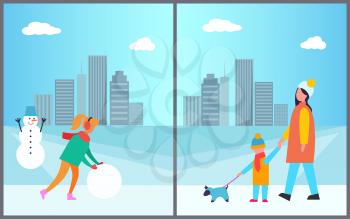 Woman making snowman, mother and son walking outdoors with pet, winter holidays on background of skyscrapers vector illustration wintertime activities