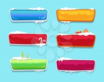 Blank glossy web push buttons set covered with snow, decorated by candy sticks vector online shopping sign isolated. Website label, download symbols