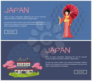 Japan promotional Internet pages templates set with geisha that holds red umbrella and traditional architecture cartoon flat vector illustrations.