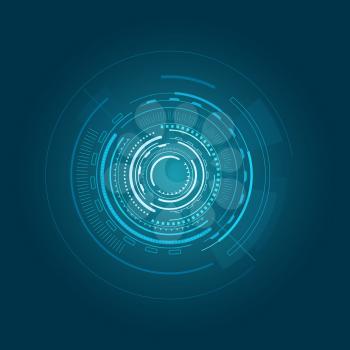 Interface poster of blue color with circular geometric shape and futuristic and sci-fi looking object, lines and shining elements vector illustration