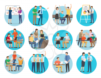 Start up collection of images with people at work, discussions and negotiations, teamwork and success, vector illustration isolated on white
