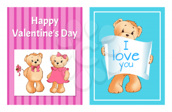 I love you and me teddy bears with heart sign vector illustration of stuffed toy animals, presents for Happy Valentines Day, cartoon posters