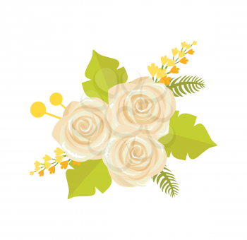 Bouquet of beige roses icon isolated on white background. Vector illustration with beautiful flowers and herbs with green leaves in colorful buds bouquet