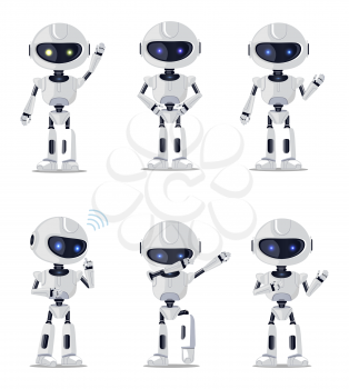 Six pretty ai machines isolated on white backdrop vector illustration with white speaking dancing dabbing robots with gloosy blue and yellow eyes