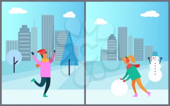 Man in pink sweater enjoys snowfall, woman in earphones makes snowman in wintertime vector illustration poster on cityscape background with skyscrapers