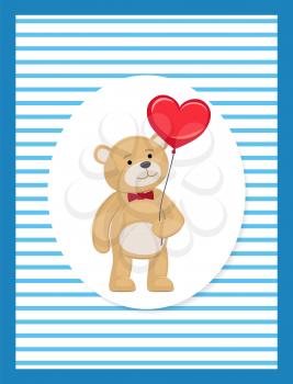 Soft teddy with heart shaped balloon in paws and dressed in bow-tie, cute cartoon bear animal isolated in white oval frame on blue background vector