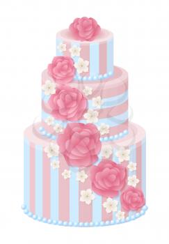 Three-tier wedding cake decorated with glaze roses and sakura blossom in pastel colors isolated cartoon flat vector illustration on white background.