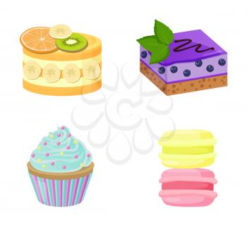 Set of cute cakes with strawberry blueberries and banana with orange and kiwi on them, two fancy desserts, vector illustration isolated on white