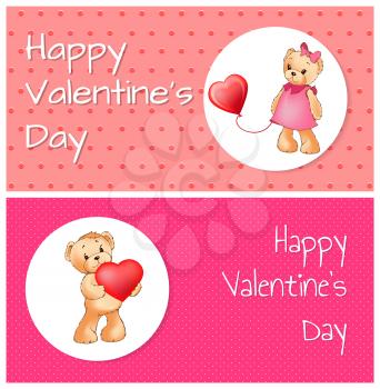 Happy Valentines day poster cute teddy bears holding red heart balloons or pillows in paws vector illustration greeting card design, male and female