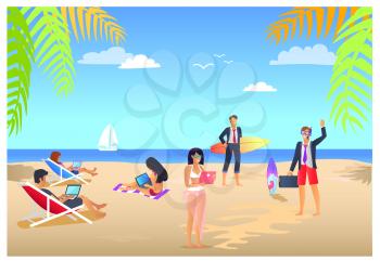 Business summer tropical vacations, poster with people and laptops, man with suitcase and surfboard, palms and seaside isolated on vector illustration
