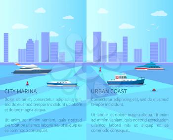 City marina and urban coast vector illustration with different boats and yachts, bright sunny day, set of buoys, white birds and clouds, text sample