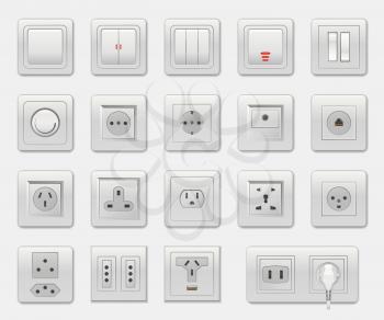 Set of different switches vector illustration isolated on white backdrop, varied connectors and selectors, usb and ethernet port, one socket plug